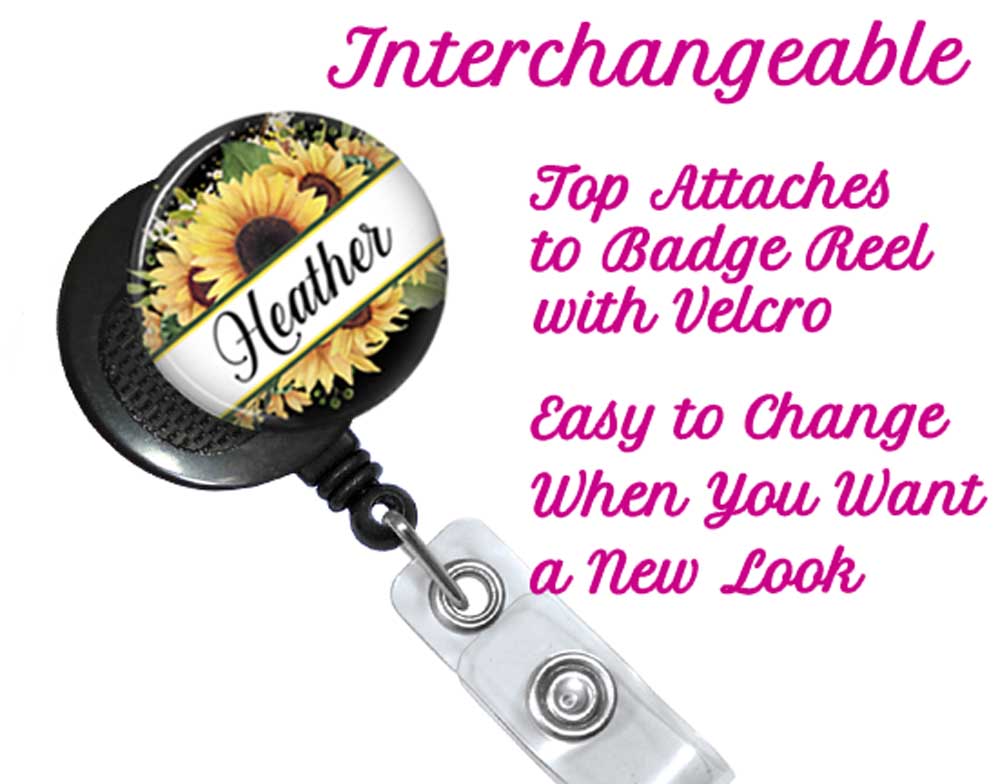 Example of interchangeable badge reel and top